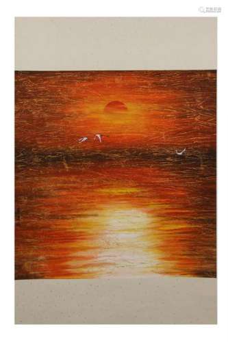 PAINTING OF FLYING CRANES OVER WATER IN SUNSET