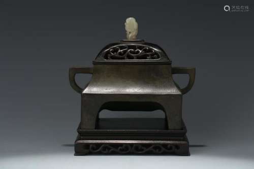 BRONZE CENSER WITH ROSEWOOD COVER AND STAND
