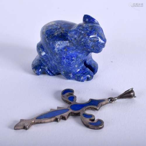 A CENTRAL ASIAN CARVED LAPIS LAZULI CAT together with a
