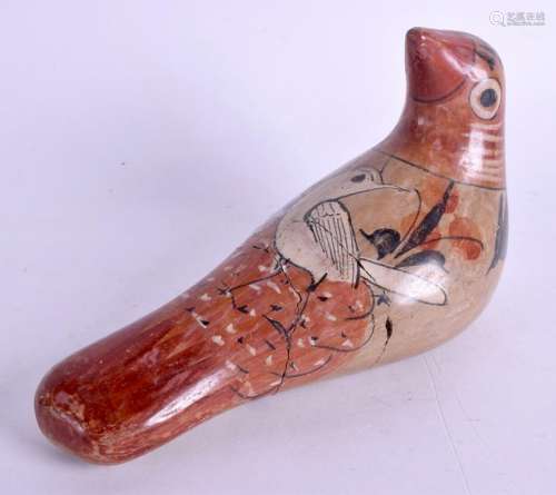 AN UNUSUAL PAINTED TERRACOTTA POTTERY FIGURE OF A BIRD