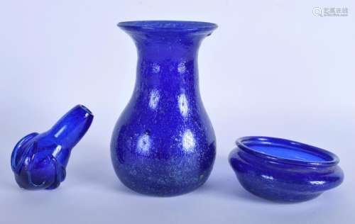 THREE CENTRAL ASIAN BLUE GLASSES. Largest 20 cm high.