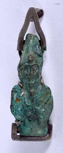 AN EGYPTIAN BRONZE FAIENCE AMULET BROOCH. 5 cm x 2.75