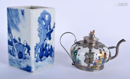 A CHINESE BLUE WHITE BRUSH POT and a teapot. (2)