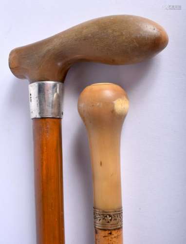 A 19TH CENTURY HORN HANDLED WALKING CANE together with