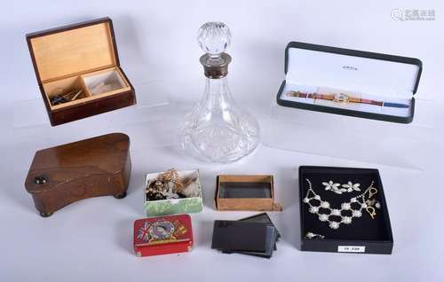 A SILVER MOUNTED DECANTER together with jewellery etc.