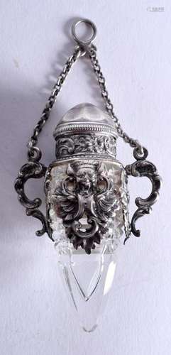 A FINE ANTIQUE CRYSTAL GLASS AND SILVER HANGING SCENT