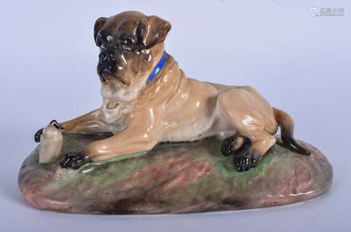 A 19TH CENTURY PORCELAIN FIGURINE OF A MASTIFF DOG,