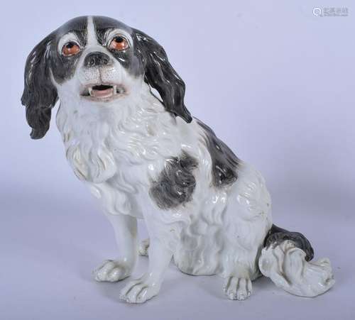 A PORCELAIN FIGURINE OF A BLACK & WHITE BOLOGNESE DOG,