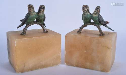 A PAIR OF COLD PAINTED BRONZE BIRDS, mounted upon onyx