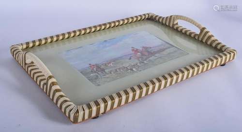 A VINTAGE TRAY, decorated with a hunting image. 32 cm x