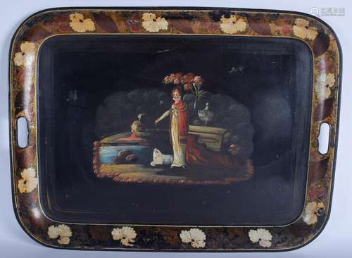 A 19TH CENTURY TOLEWARE TRAY, decorated with a female