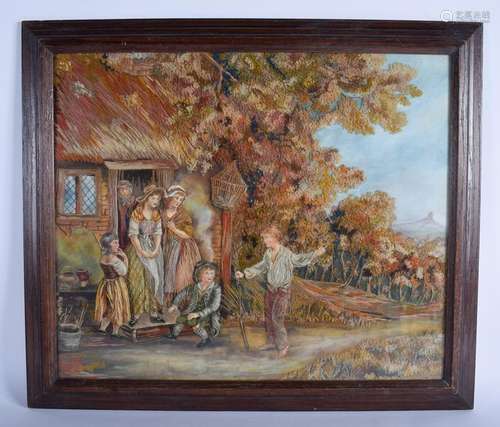 A FRAMED WOOLWORK PICTURE, depicting figures outside a