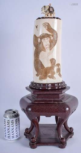 A LARGE 19TH CENTURY JAPANESE CARVED TUSK VASE AND