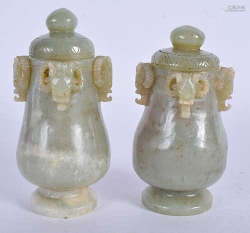 A PAIR OF CHINESE JADE VASES AND COVERS. 10 cm high.