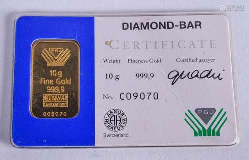 AN ARGOR HERAEUS SWISS 10 GRAM 999.9 GOLD BAR within