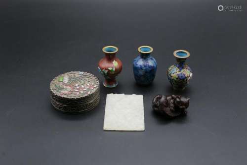 A group of six Chinese small cloisonne vases ,box, jade
