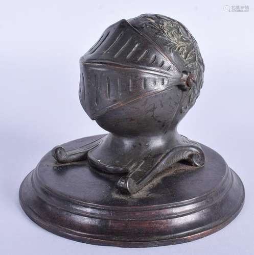 A COLD PAINTED BRONZE KNIGHT HEAD INKWELL. 11 cm wide.