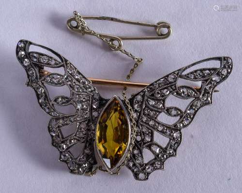 A VINTAGE SILVER AND GOLD CITRINE BUTTERFLY BROOCH. 6.1