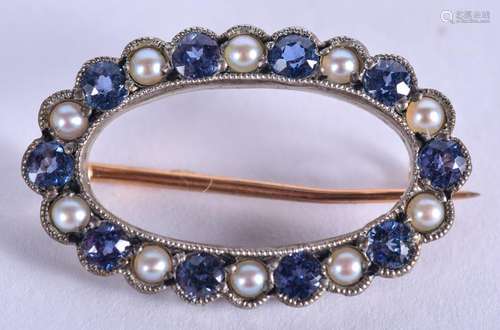 AN EARLY VICTORIAN GOLD SAPPHIRE AND PEARL BROOCH. 3.4