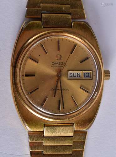 A GOLD PLATED OMEGA AUTOMATIC SEAMASTER WRISTWATCH.