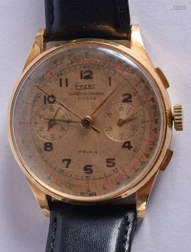 A VINTAGE 18CT GOLD ERZER CHRONOGRAPH WRISTWATCH. 3.5