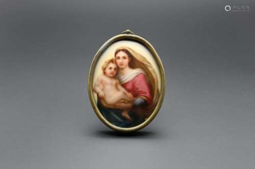 Antique porcelain painting mom with boy