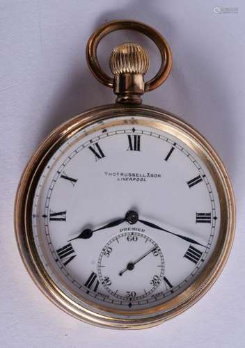 A VINTAGE THOMAS RUSSEL & SON GOLD PLATED WRISTWATCH.