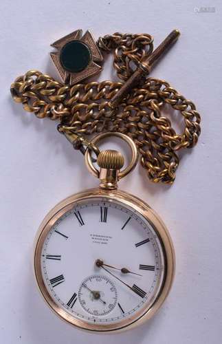 AN ANTIQUE GOLD PLATED POCKET WATCH. 4.5 cm diameter.