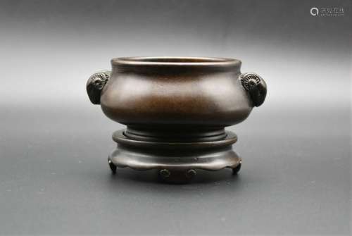 heavy Chinese bronze censer with two sheep heads