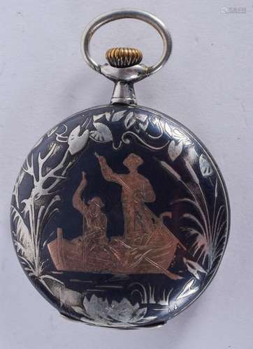 AN ANTIQUE SILVER AND GOLD NIELLO POCKET WATCH. 4.5 cm