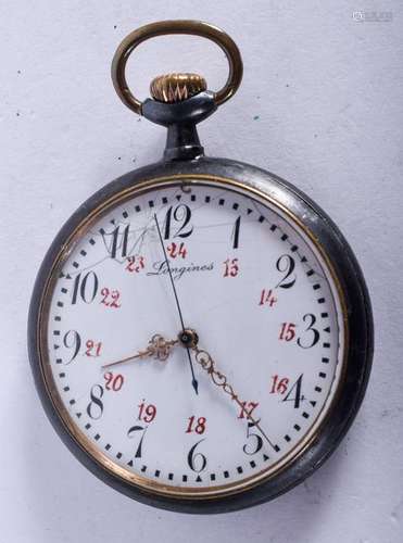 AN ANTIQUE GUN METAL LONGINES POCKET WATCH. 5 cm