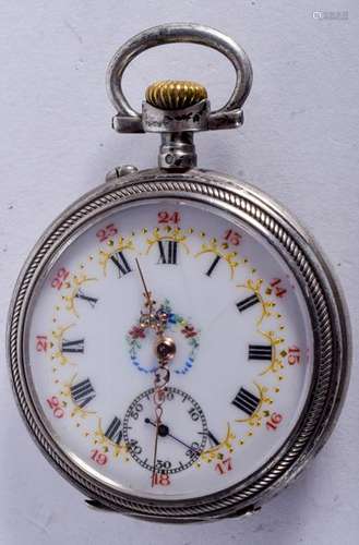 AN ANTIQUE SILVER POCKET WATCH. 4.5 cm diameter.