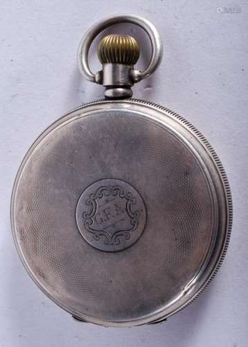 AN ANTIQUE SILVER WALTHAM POCKET WATCH. 5 cm diameter.