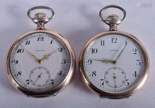 TWO ANTIQUE ZENITH SILVER POCKET WATCHES. 5 cm