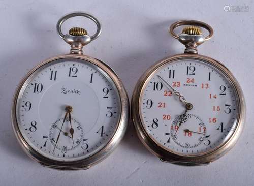 TWO ANTIQUE ZENITH SILVER POCKET WATCHES. 5 cm