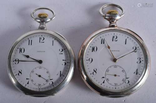 TWO ANTIQUE ZENITH SILVER POCKET WATCHES. 5 cm