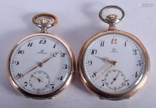 TWO ANTIQUE OMEGA POCKET WATCHES. 4.75 cm diameter. (2)