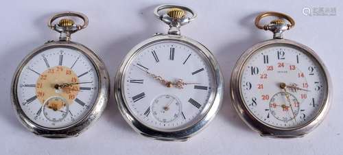 THREE ANTIQUE SILVER POCKET WATCHES. 4.5 cm diameter.