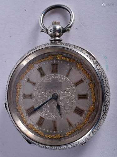 AN ANTIQUE SILVER FOB WATCH. 3.75 cm diameter.