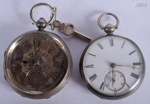 TWO ANTIQUE SILVER POCKET WATCHES. 5 cm diameter. (2)