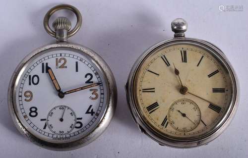 A MILITARY POCKET WATCH together with another. 4.75 cm