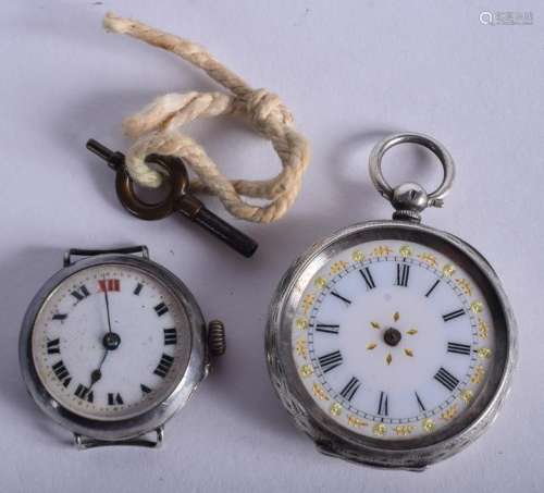 TWO SILVER FOB WATCHES 3.5 & 2.75 cm wide. (2)