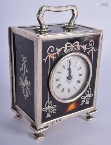 A GOOD EDWARDIAN SILVER INLAID CARRIAGE CLOCK. 9.5 cm