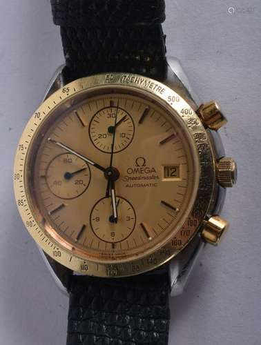 A GOOD OMEGA SPEEDMASTER AUTOMATIC TWO TONE WRISTWATCH.