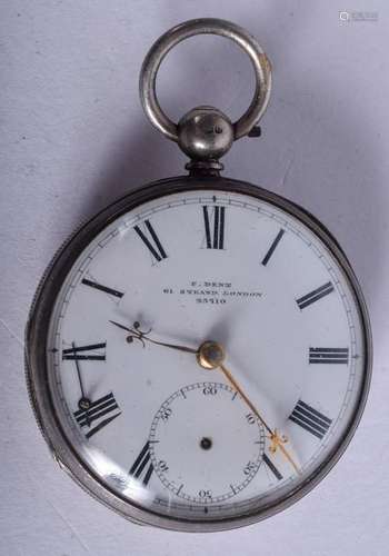 AN ANTIQUE SILVER DENT POCKET WATCH. 4.25 cm diameter.