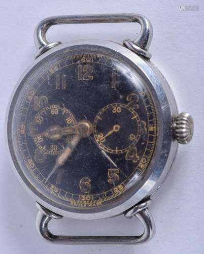 A WWII MILITARY BLACK DIAL STAINLESS STEEL WATCH. 2.75