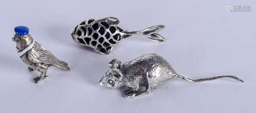 A SILVER MOUSE together with two silver pin cushions.