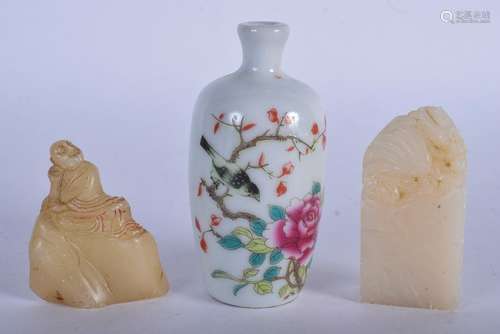 TWO CHINESE SEALS and a porcelain bottle. (3)