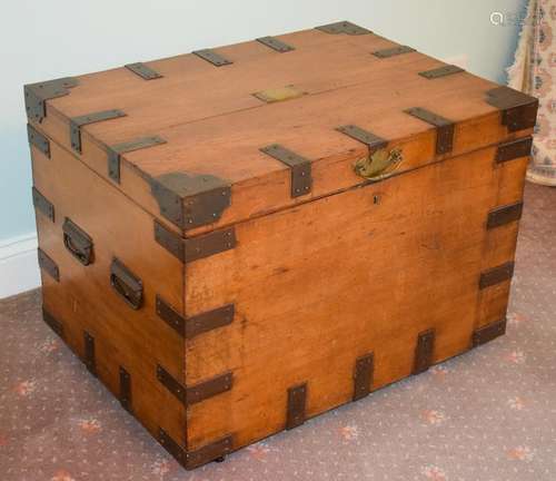 A SHIPS SILVER CHEST ON CASTERS, formed with iron strap