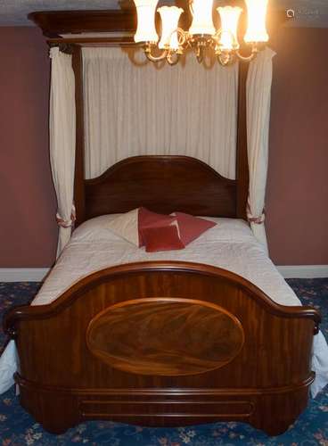 AN ANTIQUE FLAME MAHOGANY BRASS TESTER BED. 204 cm x